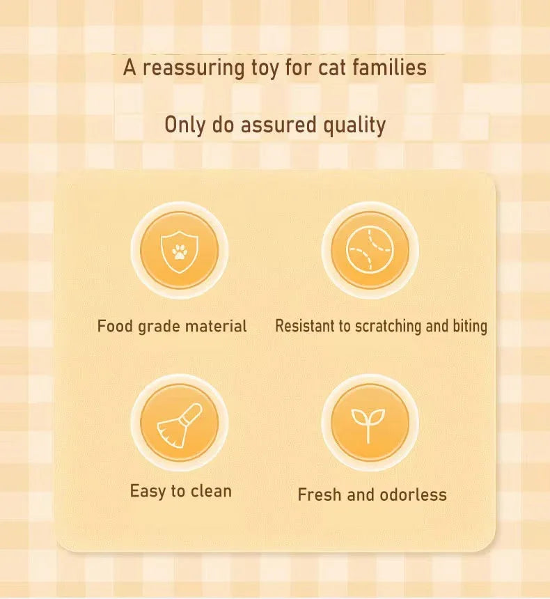 Cat toy benefits chart with icons showing food grade material, scratch resistance, easy cleaning, and odorless features.
