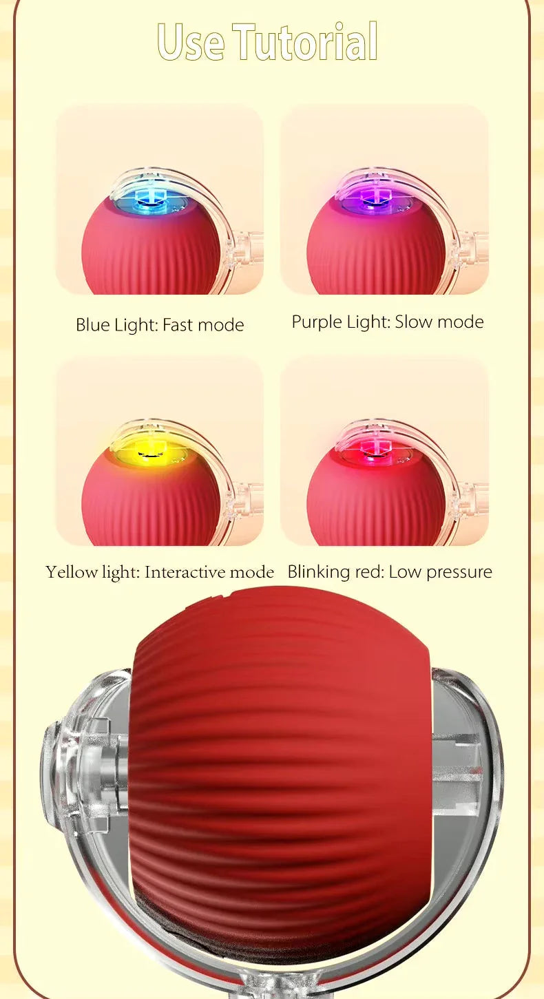 Red interactive pet ball toy with LED modes guide: fast, slow, interactive, low pressure.
