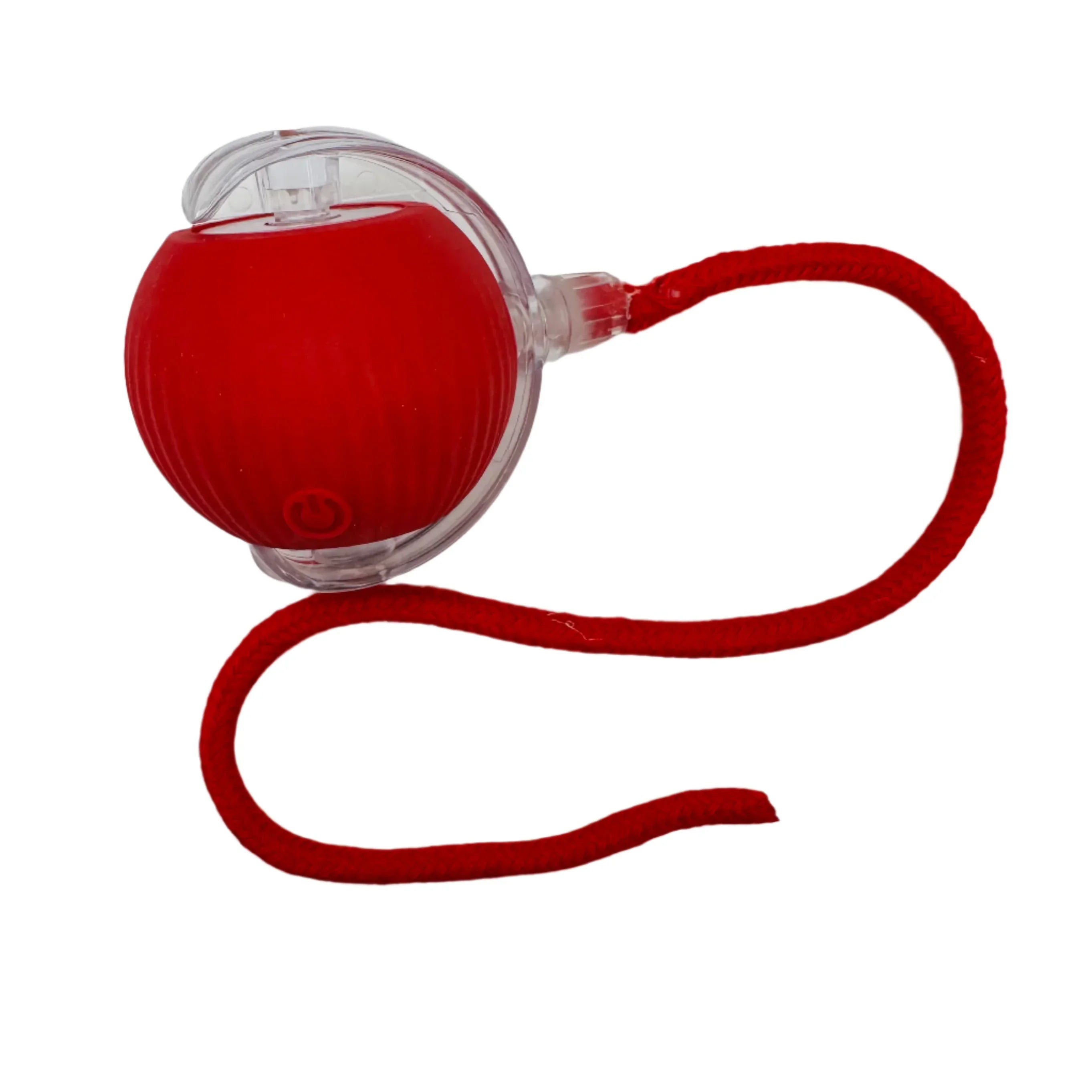 Red interactive cat toy ball with clear casing and attached cord on white background