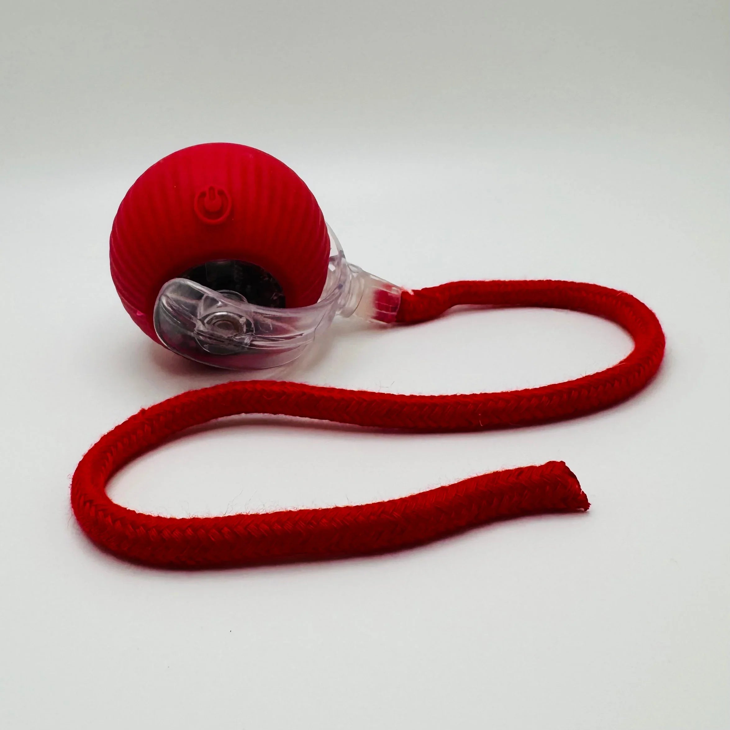 Red interactive pet toy ball with transparent section and red rope on white background