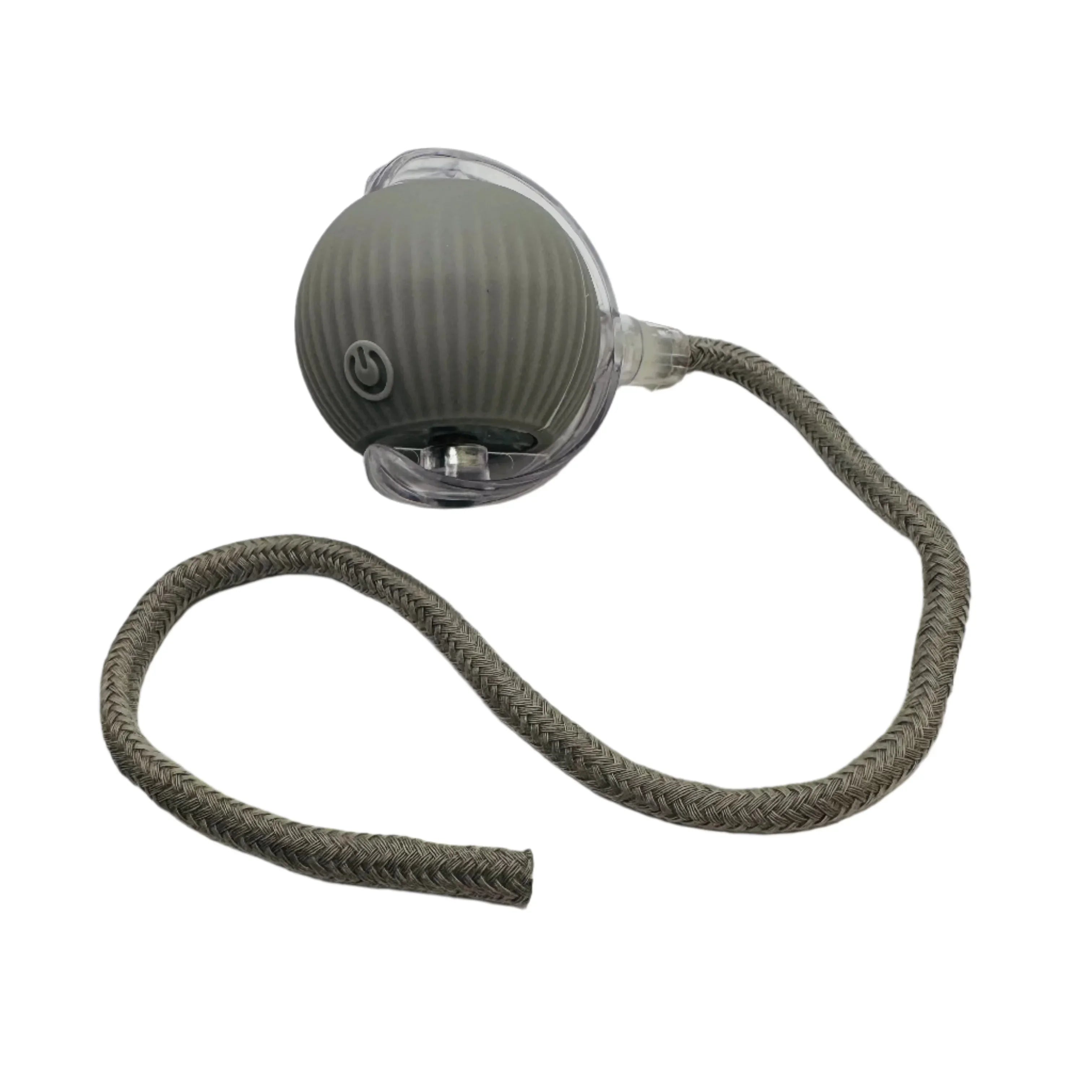 Gray interactive pet toy ball with textured surface and braided rope on white background