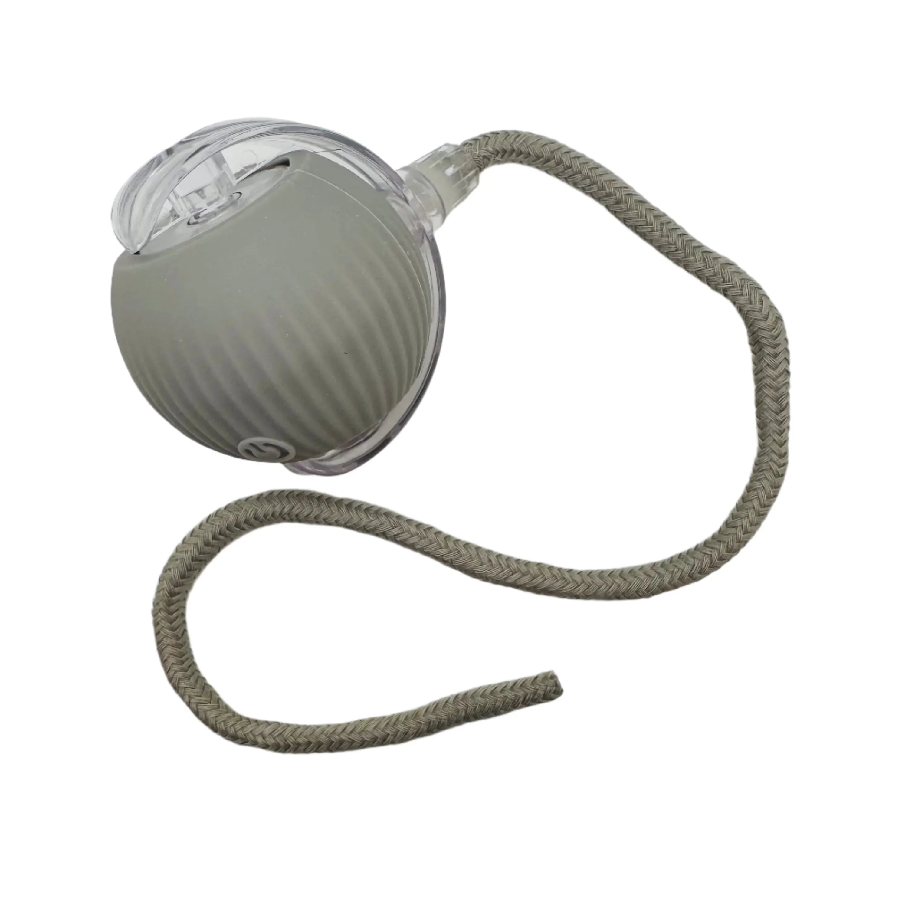 Gray pet toy ball with textured surface and attached rope for interactive play