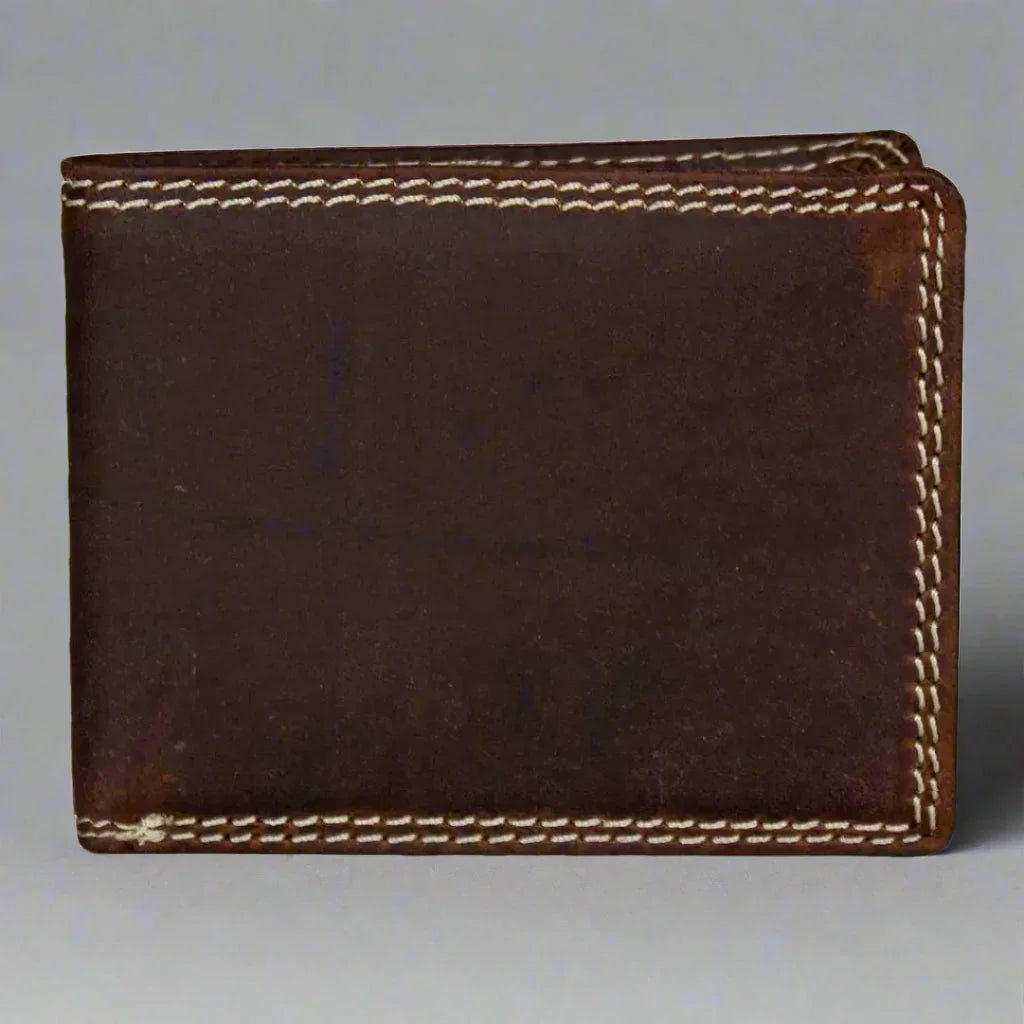 Brown leather men's bifold wallet with white stitching on a plain background
