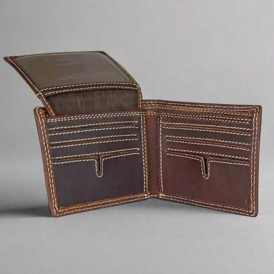 Brown leather bifold men's wallet with contrast stitching and multiple card slots