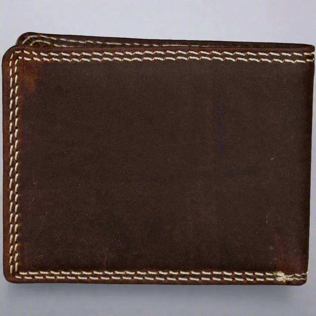 Brown men's bifold leather wallet with visible stitching on a plain background