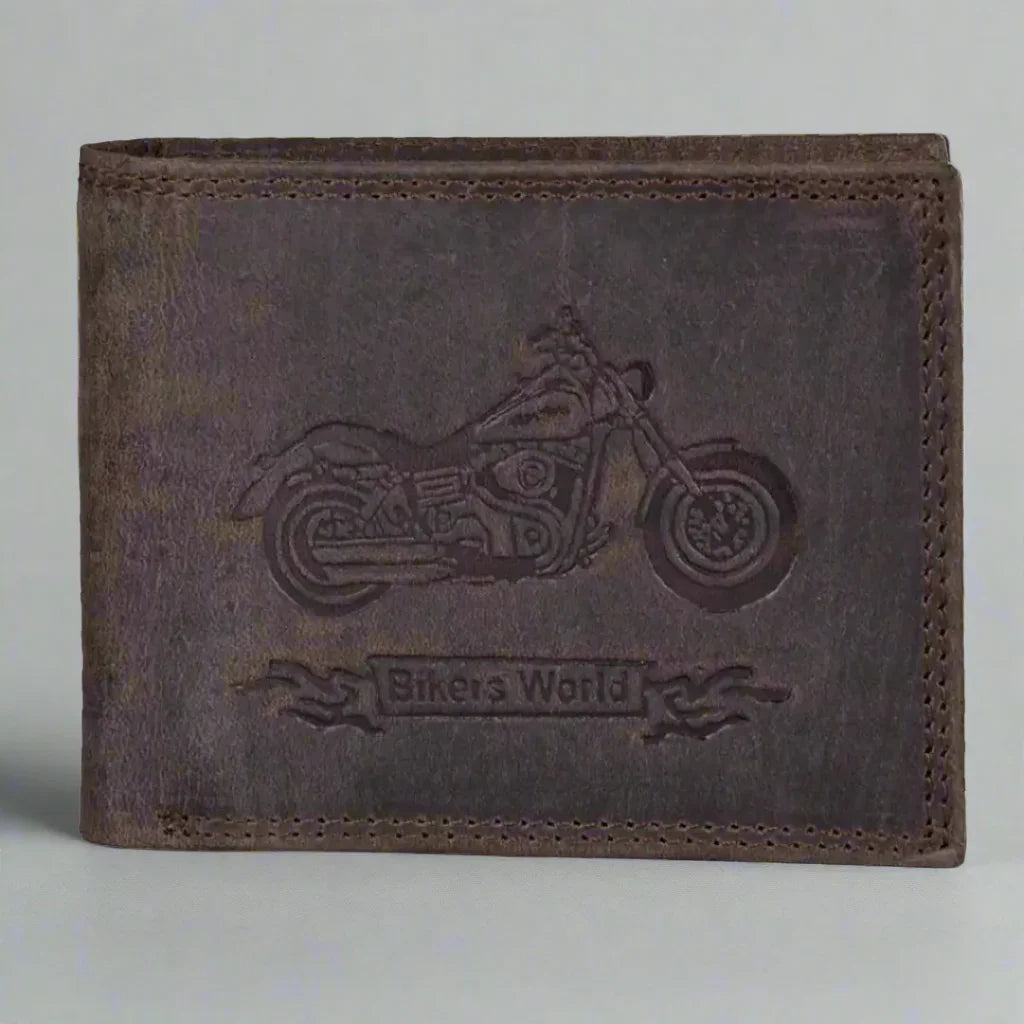 Brown embossed leather men's wallet with motorcycle and Bikers World text design
