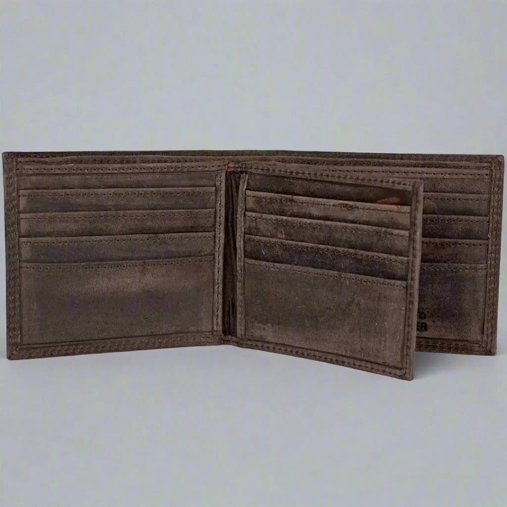 Brown embossed leather men's wallet with multiple card slots, open on a plain background.