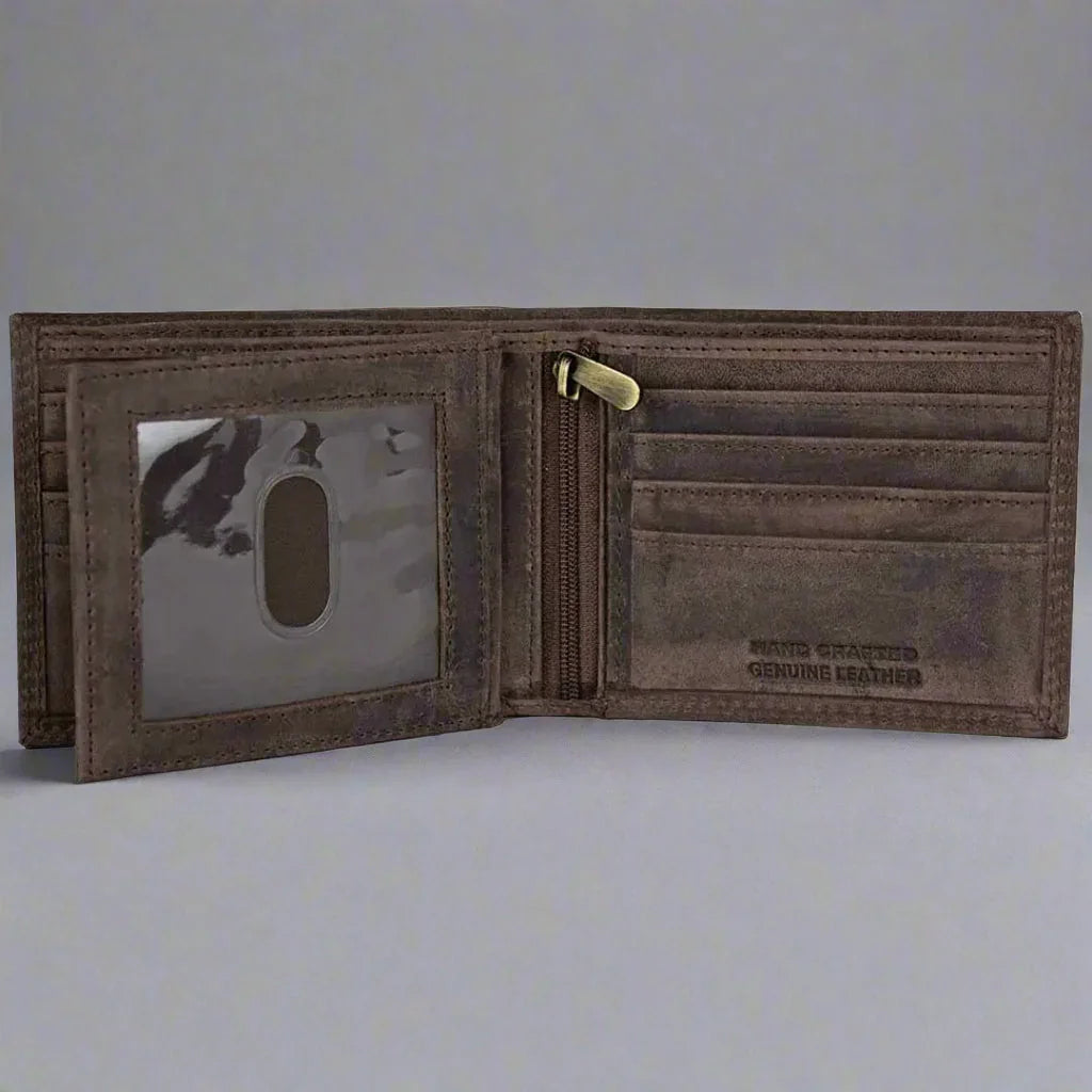 Brown men's leather wallet open to show ID slot, zipper pocket, card slots, embossed text.