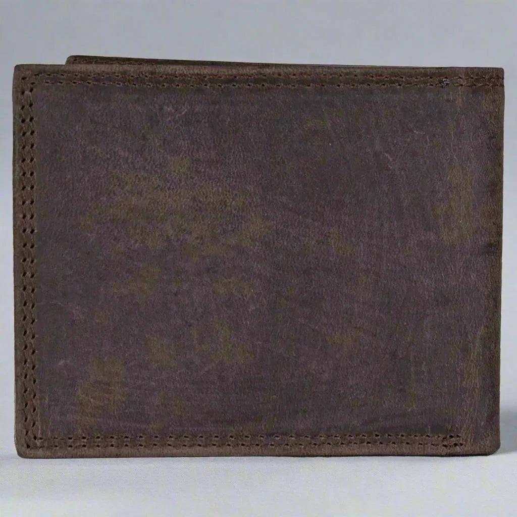 Brown men's embossed leather wallet with visible stitching on a plain background