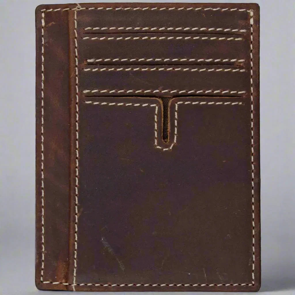 Brown leather men's credit card holder wallet with white stitching on a plain background