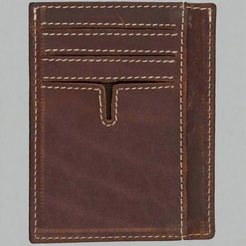 Brown leather men's credit card holder wallet with visible stitching on a plain background