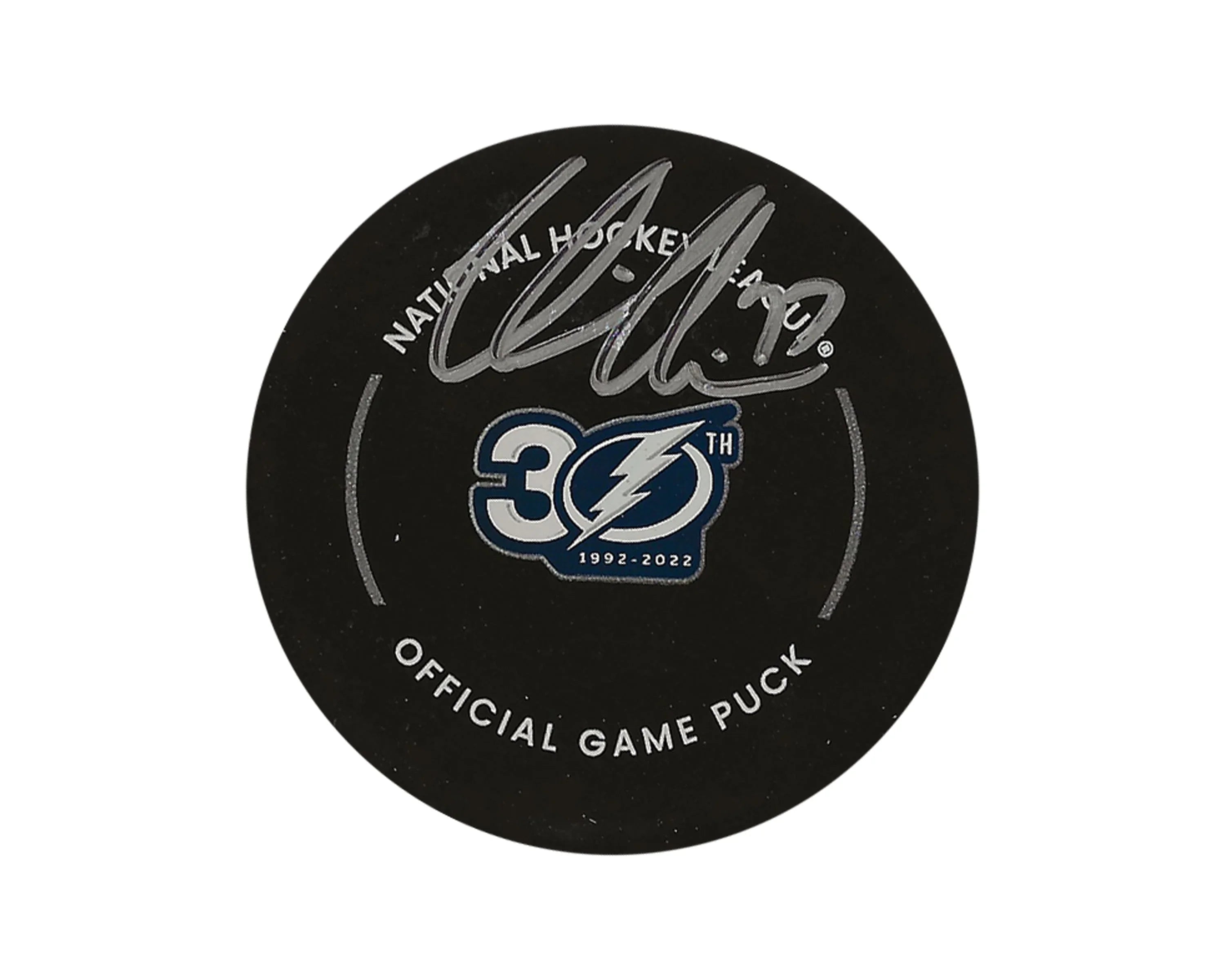 Tampa Bay Lightning 30th anniversary official NHL game puck, autographed, on white background