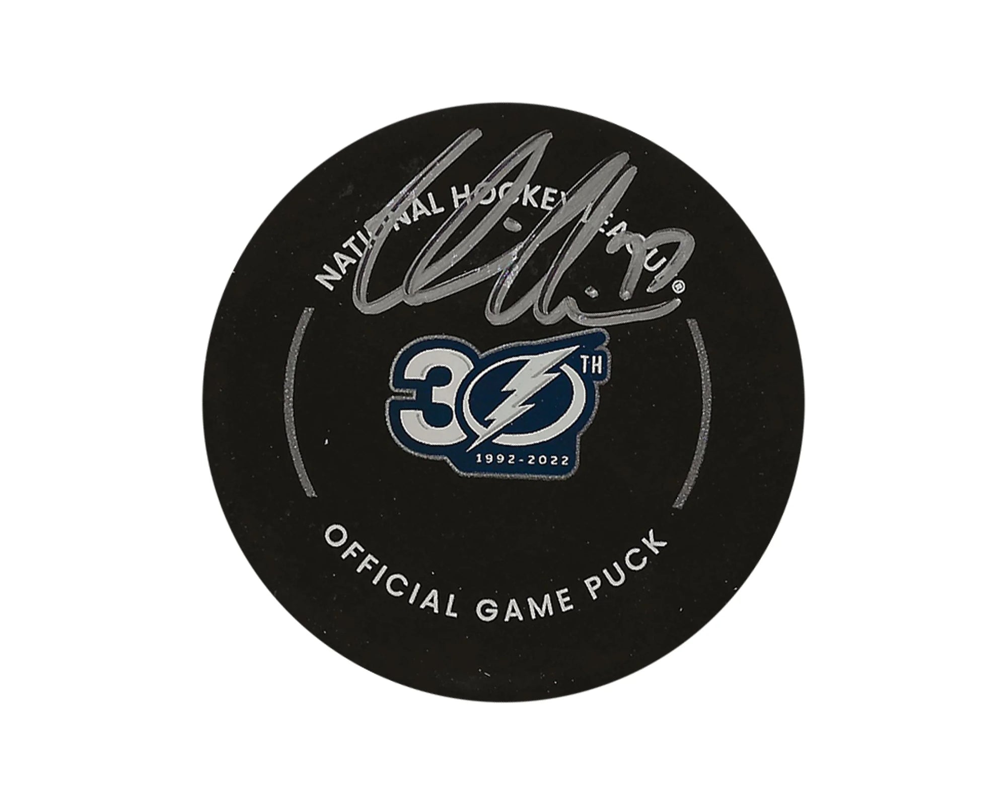 Tampa Bay Lightning 30th anniversary official NHL game puck, autographed, on white background