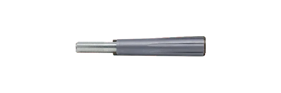 Gray metal threaded adapter for broomstick handle replacement, isolated on white background