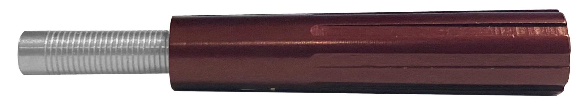 Metal threaded rod with red anodized knurled aluminum grip, isolated on white background