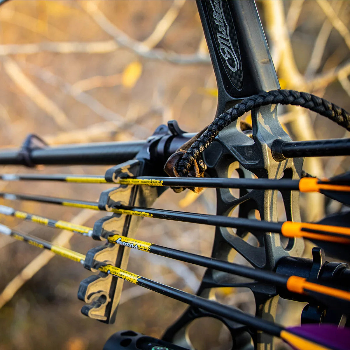 Compound bow with carbon arrows and yellow vanes outdoors in a hunting setting