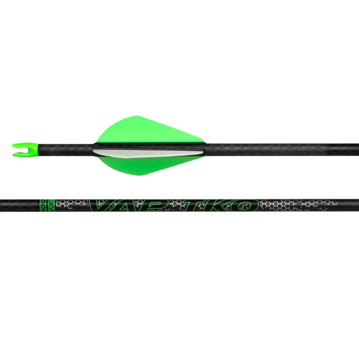VAP TKO Gamer arrow with bright green fletching and carbon shaft, archery equipment