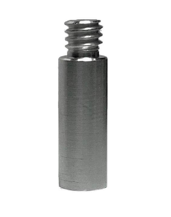 Stainless steel threaded metal adapter standing upright on white background