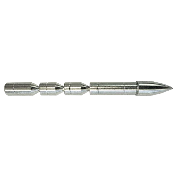 Silver tungsten dart barrel with segmented grip and pointed tip on white background
