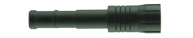 black tactical flashlight with ridged grip, metal body, side view on white background