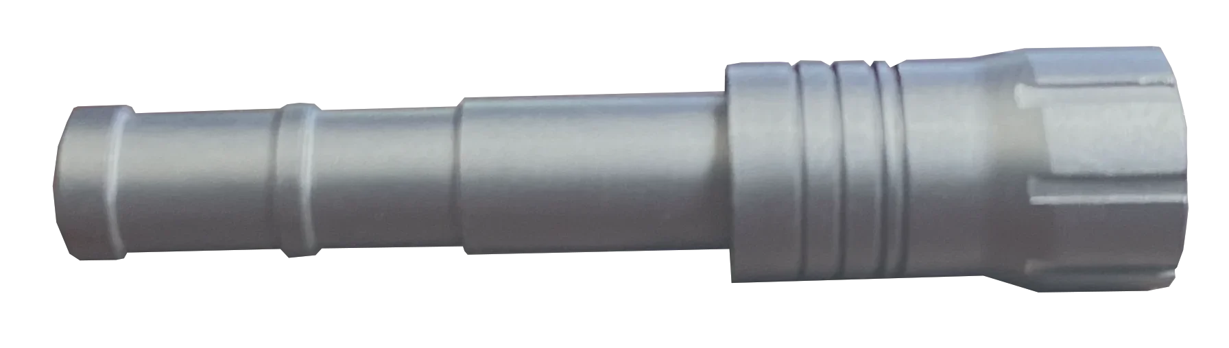 Stainless steel hose barb fitting with hex nut, plumbing connector close-up