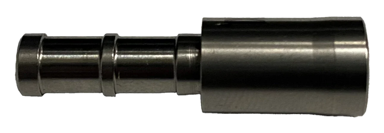 Stainless steel hose barb fitting with three ridges on a white background