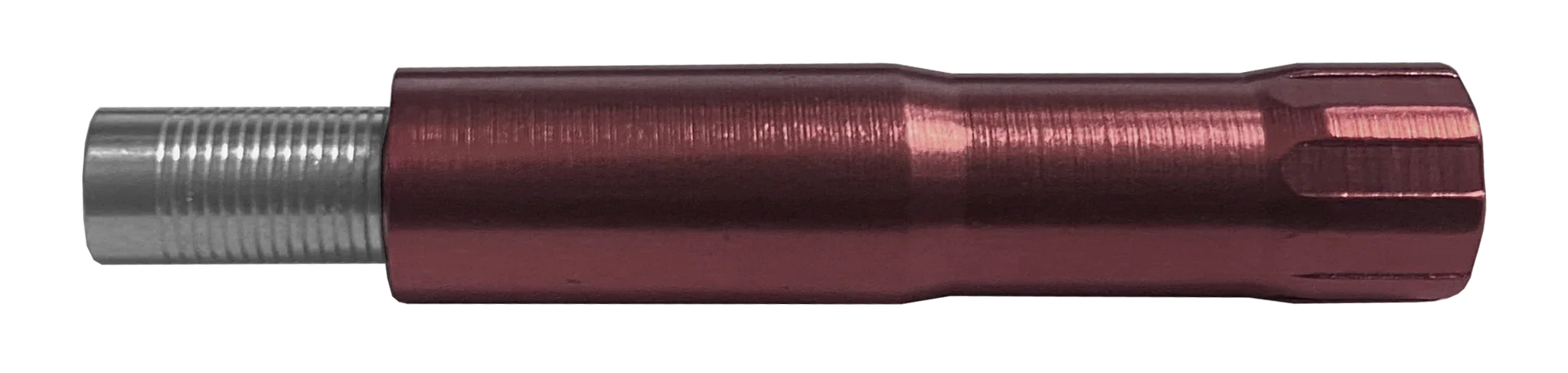 Red anodized steel lug nut with silver threaded end, automotive hardware closeup