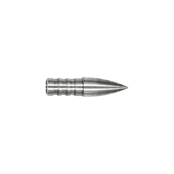 Silver metal rifle bullet on white background, pointed tip, grooved body