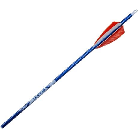 Blue aluminum arrow with red fletching for archery on white background