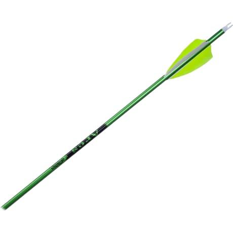 Green carbon arrow with yellow fletching for archery on white background