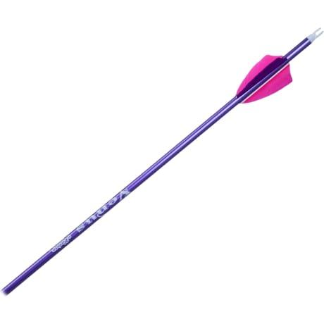 Purple archery arrow with pink fletching and white nock on white background