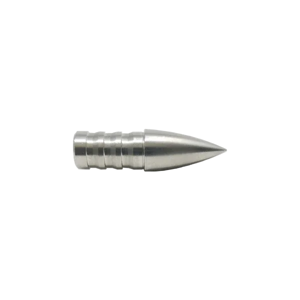 Silver metal bullet with grooves on a plain white background