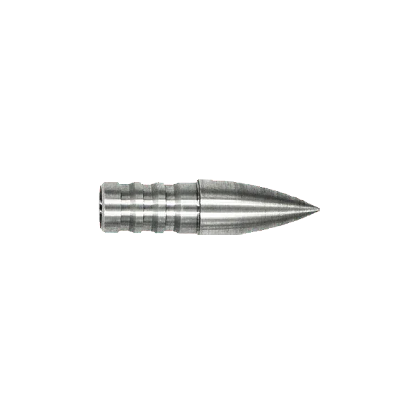 Silver metal rifle bullet isolated on white background, pointed tip, grooved body
