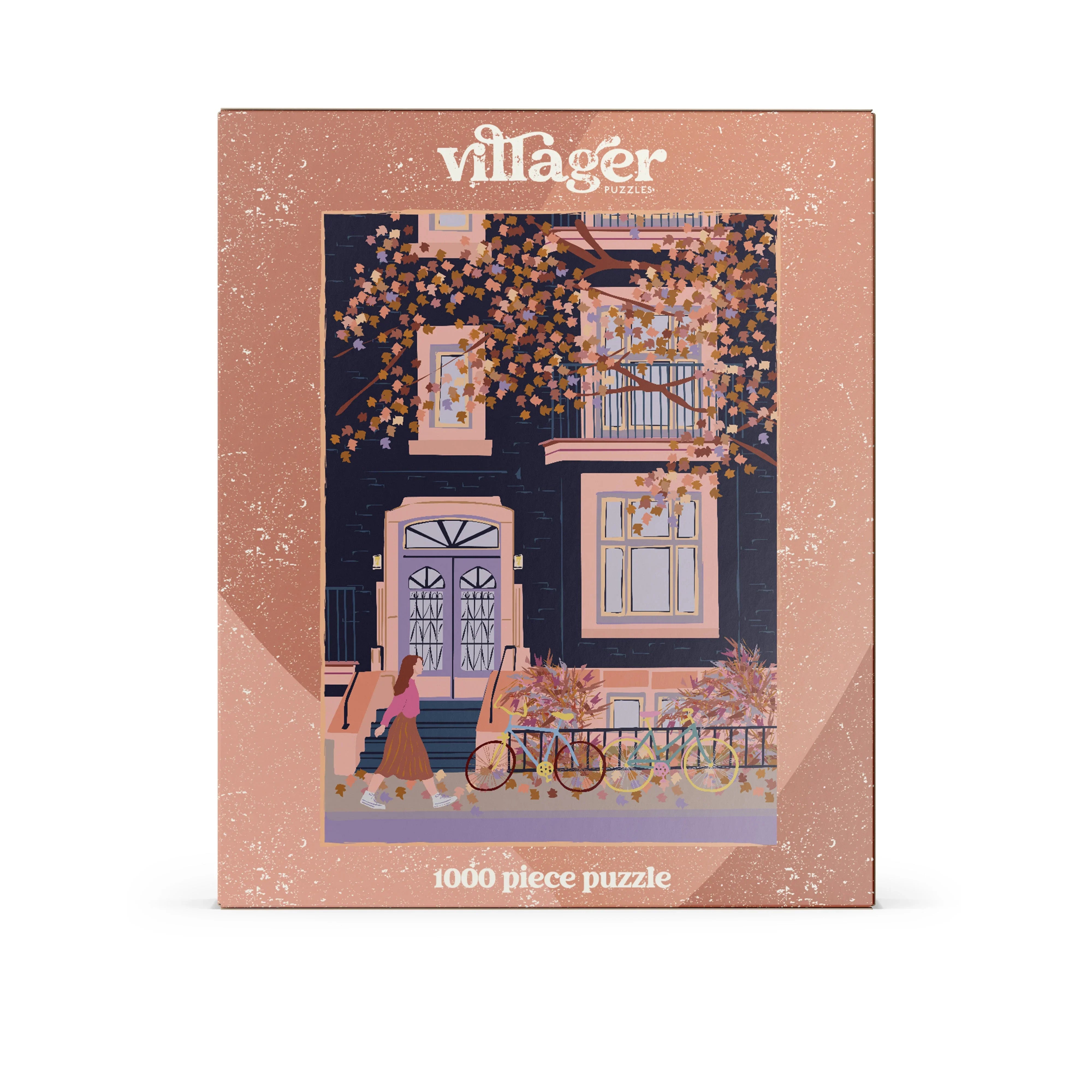 Villager 1000 piece puzzle box with autumn Montreal street illustration, woman walking, bikes