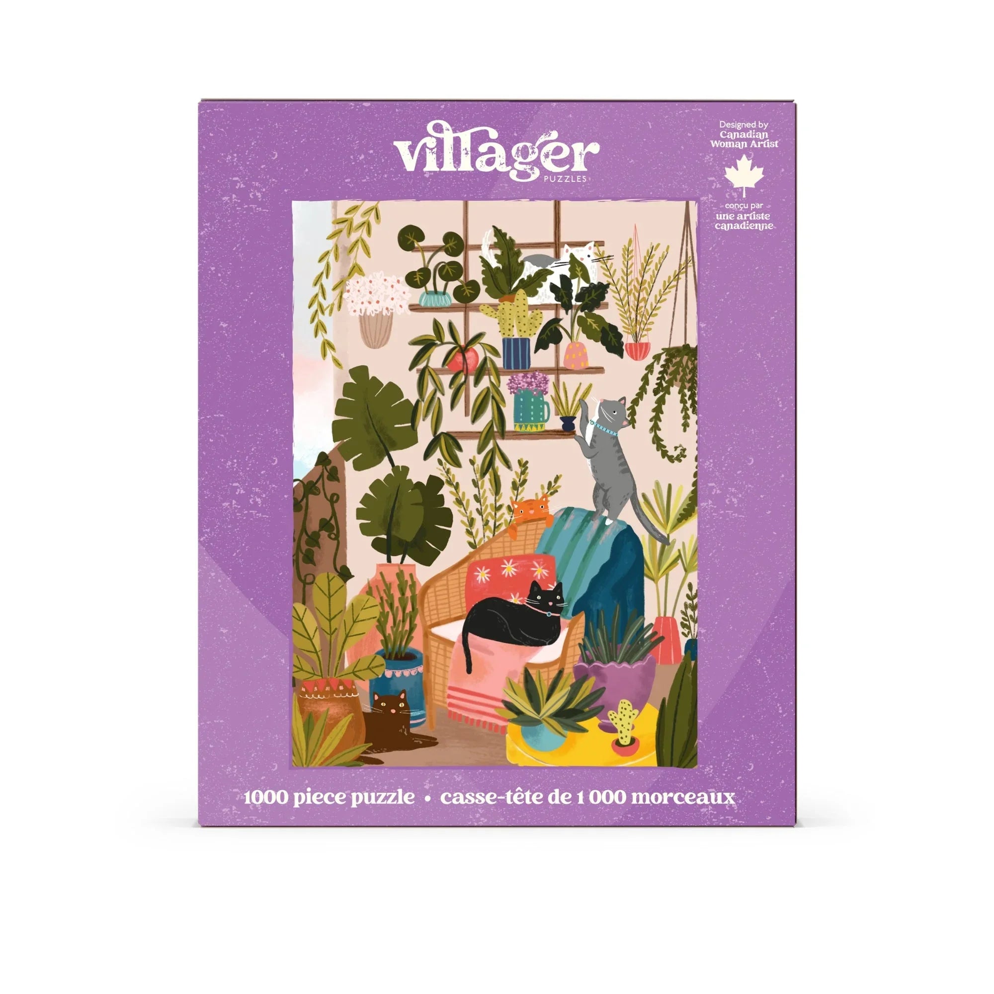 Villager puzzle box with illustrated cats on a balcony filled with potted plants and greenery