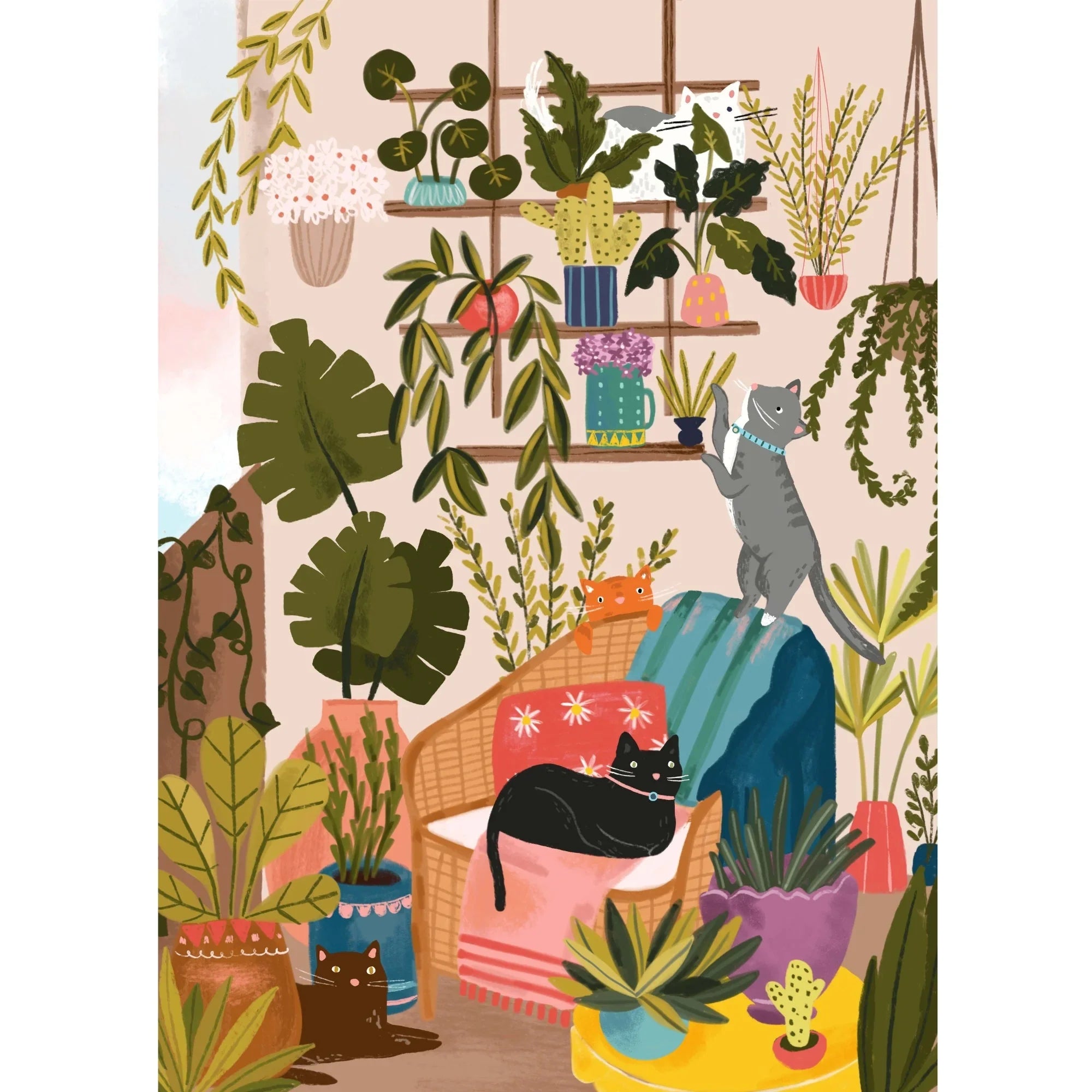 Illustrated balcony scene with cats, potted plants, wicker chair, and colorful decor.