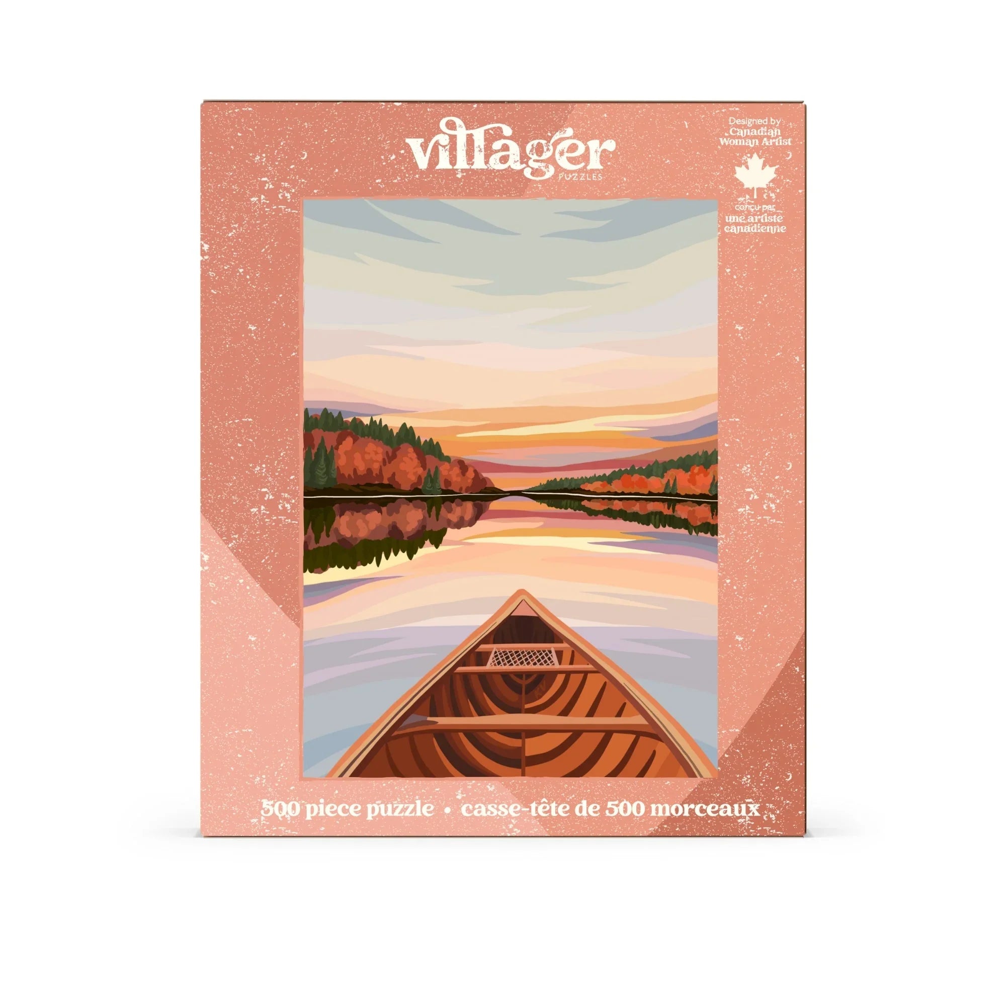 Villager Puzzles box with canoe on calm lake at sunrise, autumn trees reflected in water