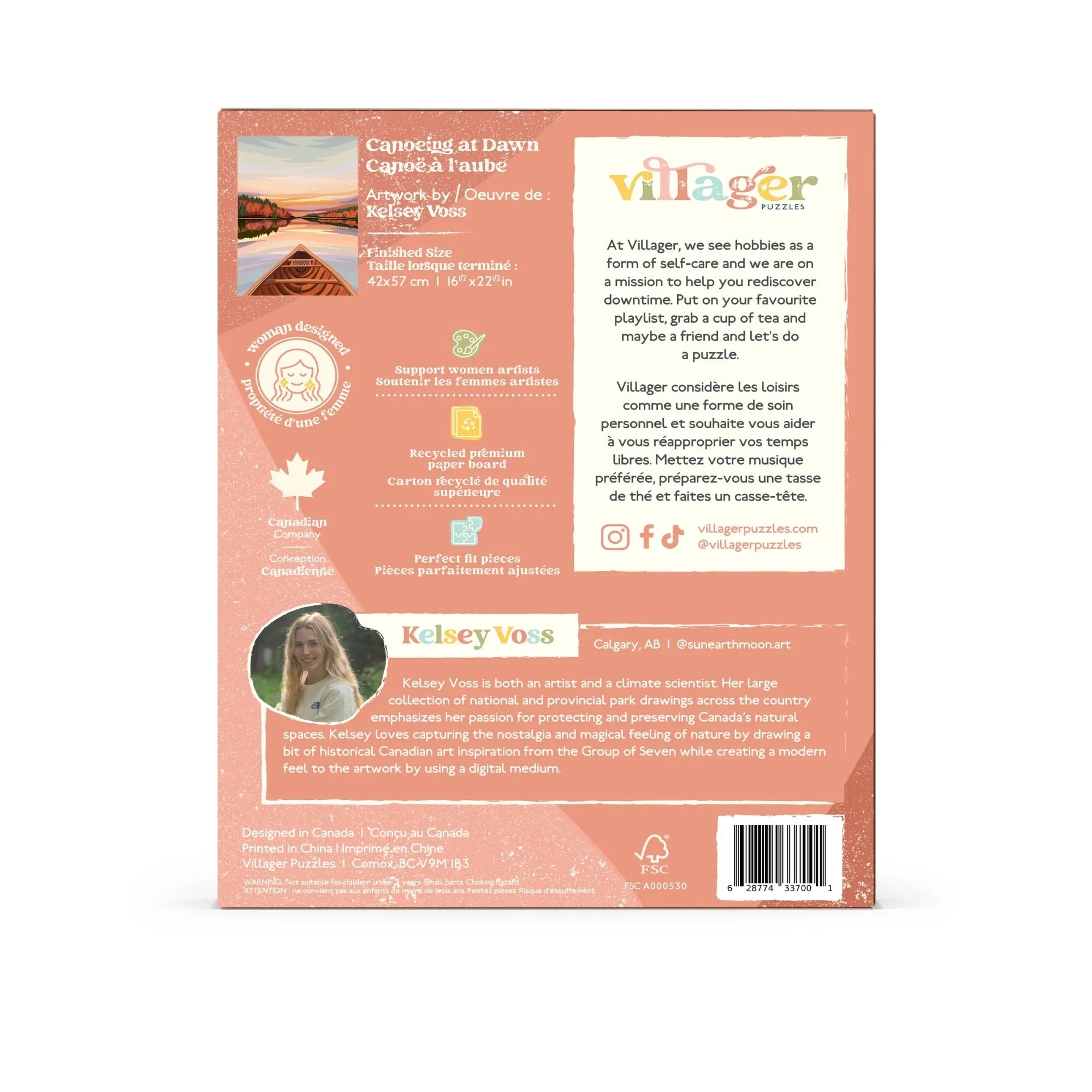 Back of Villager Puzzles Canoeing at Dawn box featuring artist bio, product details, and artwork preview