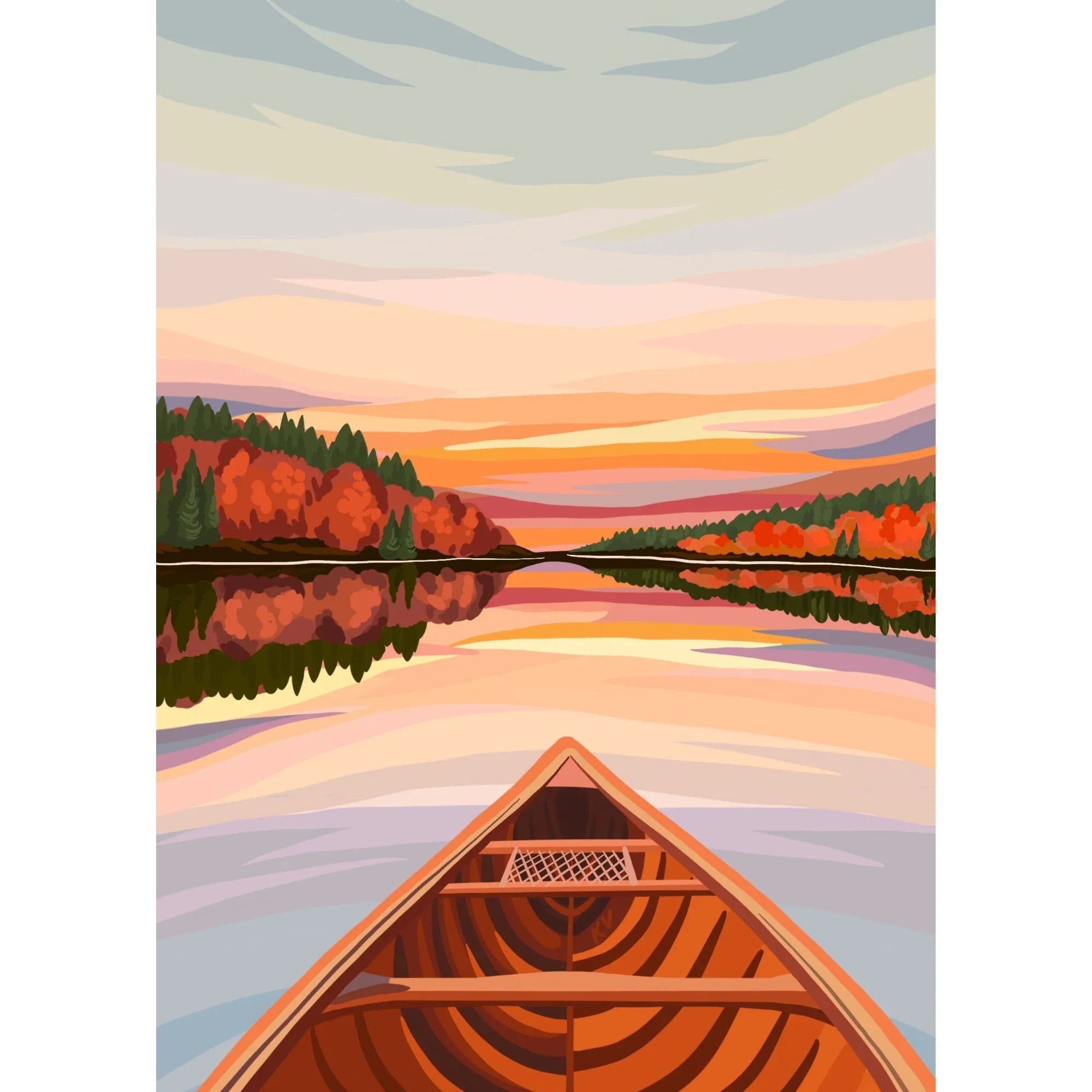 Canoe on calm lake at dawn with autumn trees and colorful sunrise reflected in water
