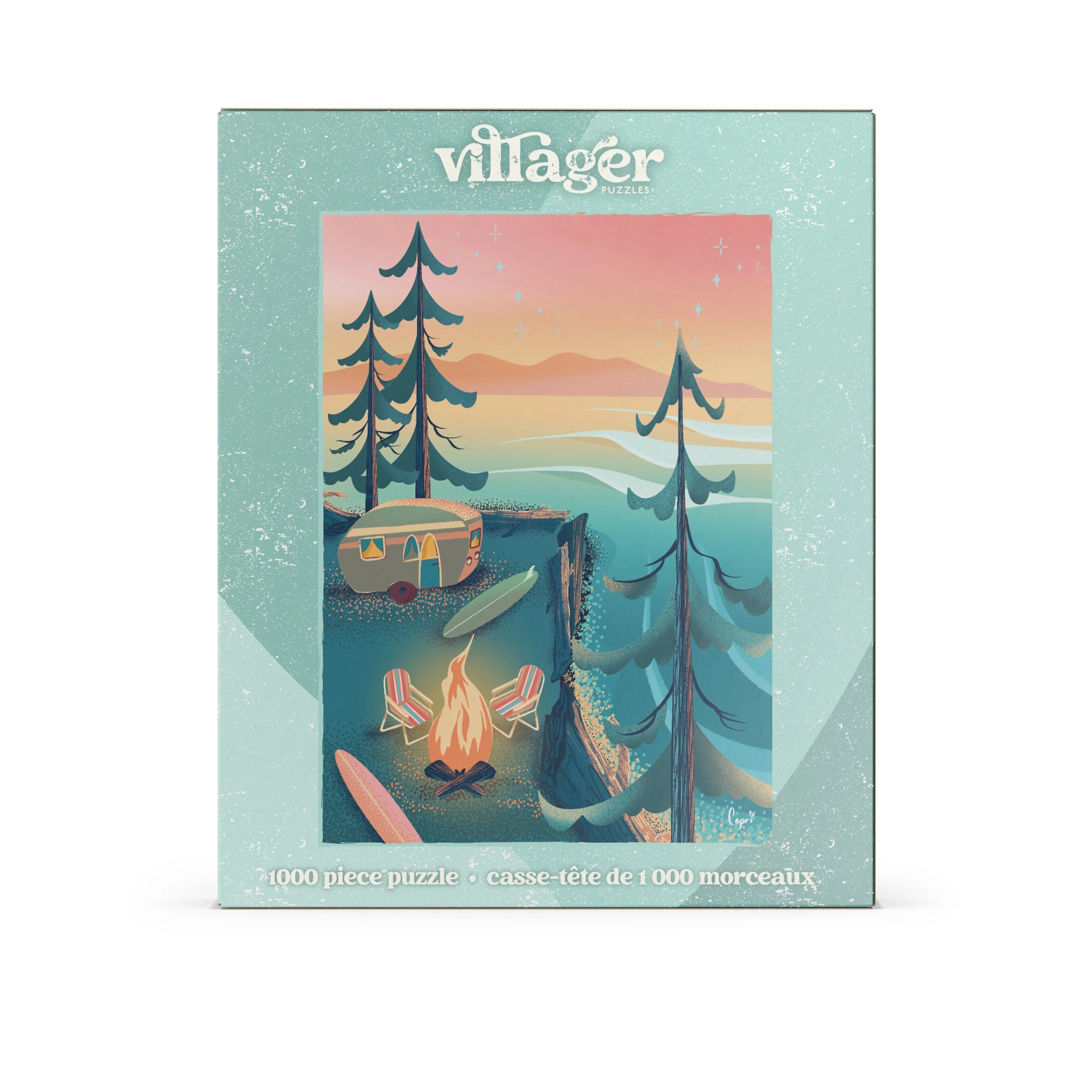 Villager Puzzles 1000-piece box with coastal camping illustration, campfire, and trailer