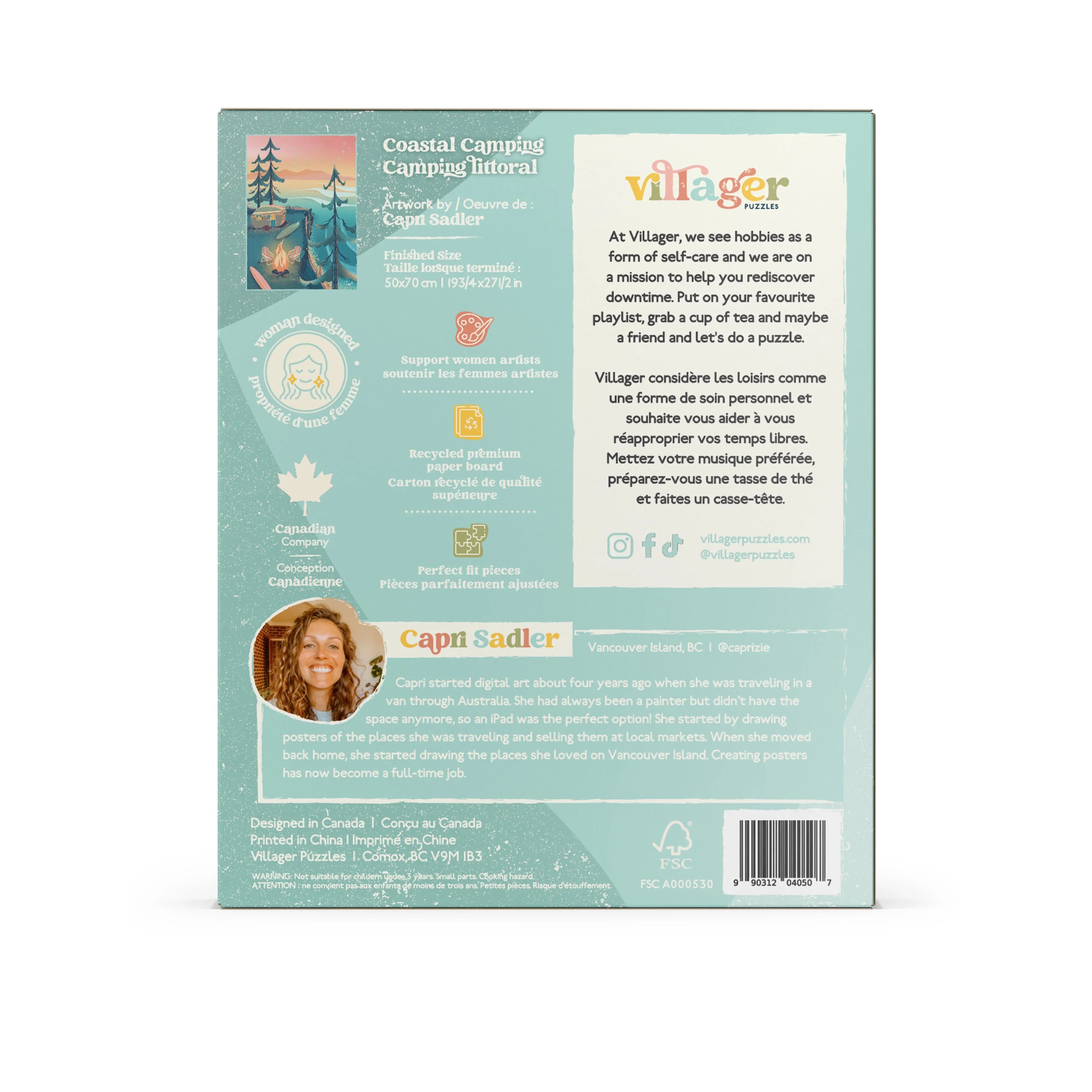 Back of Villager Puzzles package Coastal Camping edition, featuring artist bio, key features, and eco-friendly details.