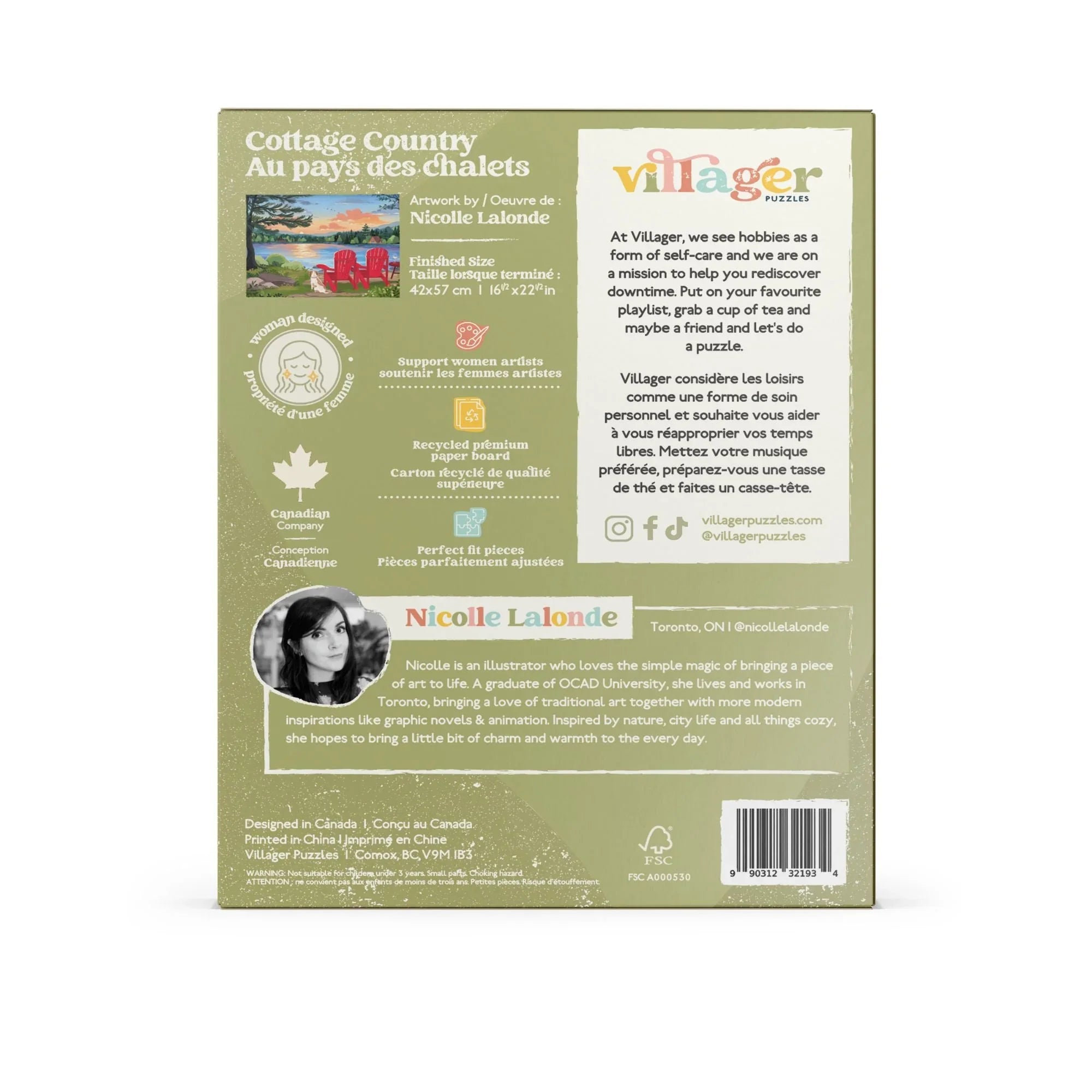 Back of Villager Puzzles box with Cottage Country puzzle info, artist bio, and eco-friendly icons