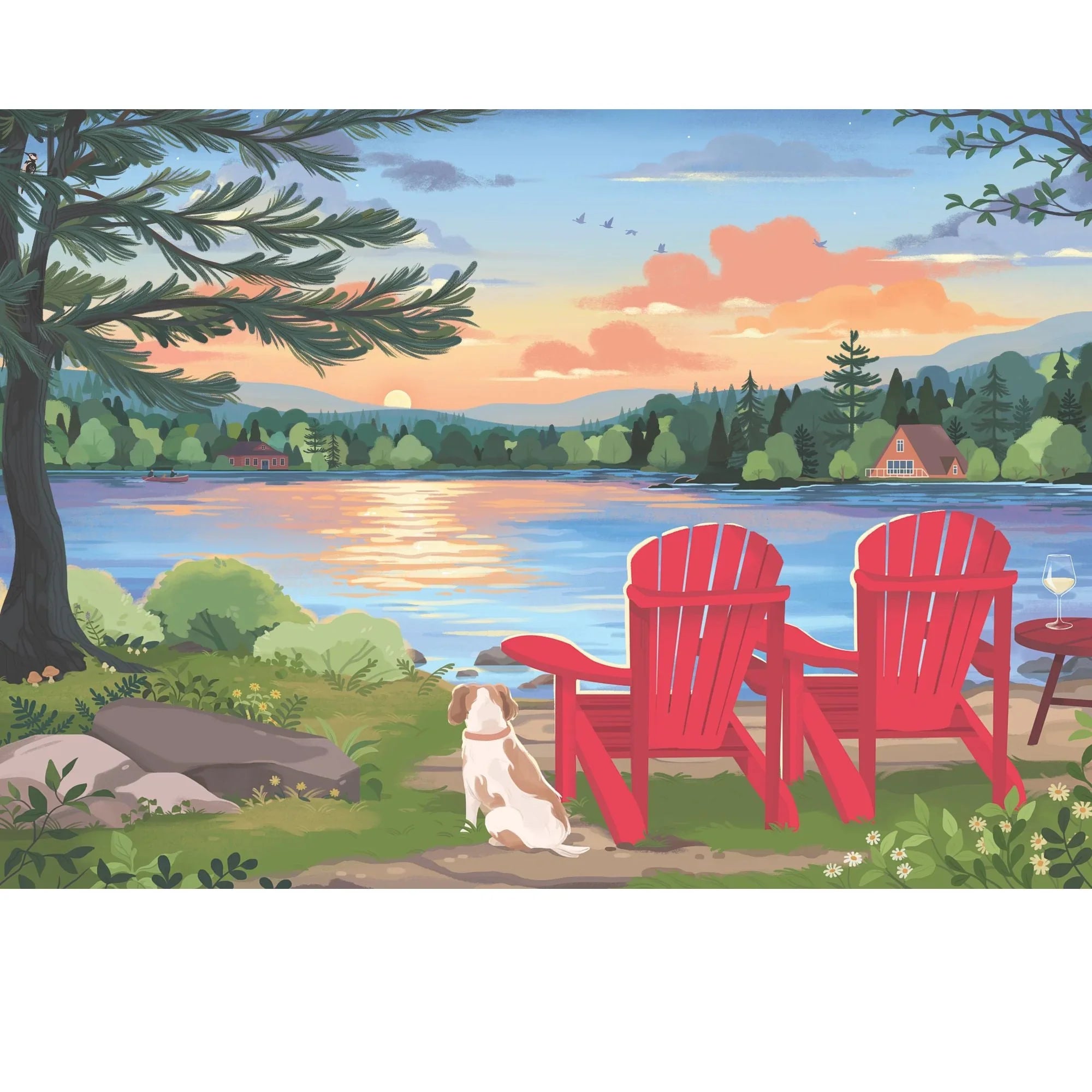 Red Adirondack chairs by a lakeside at sunset with a dog, pine trees, and reflections on water