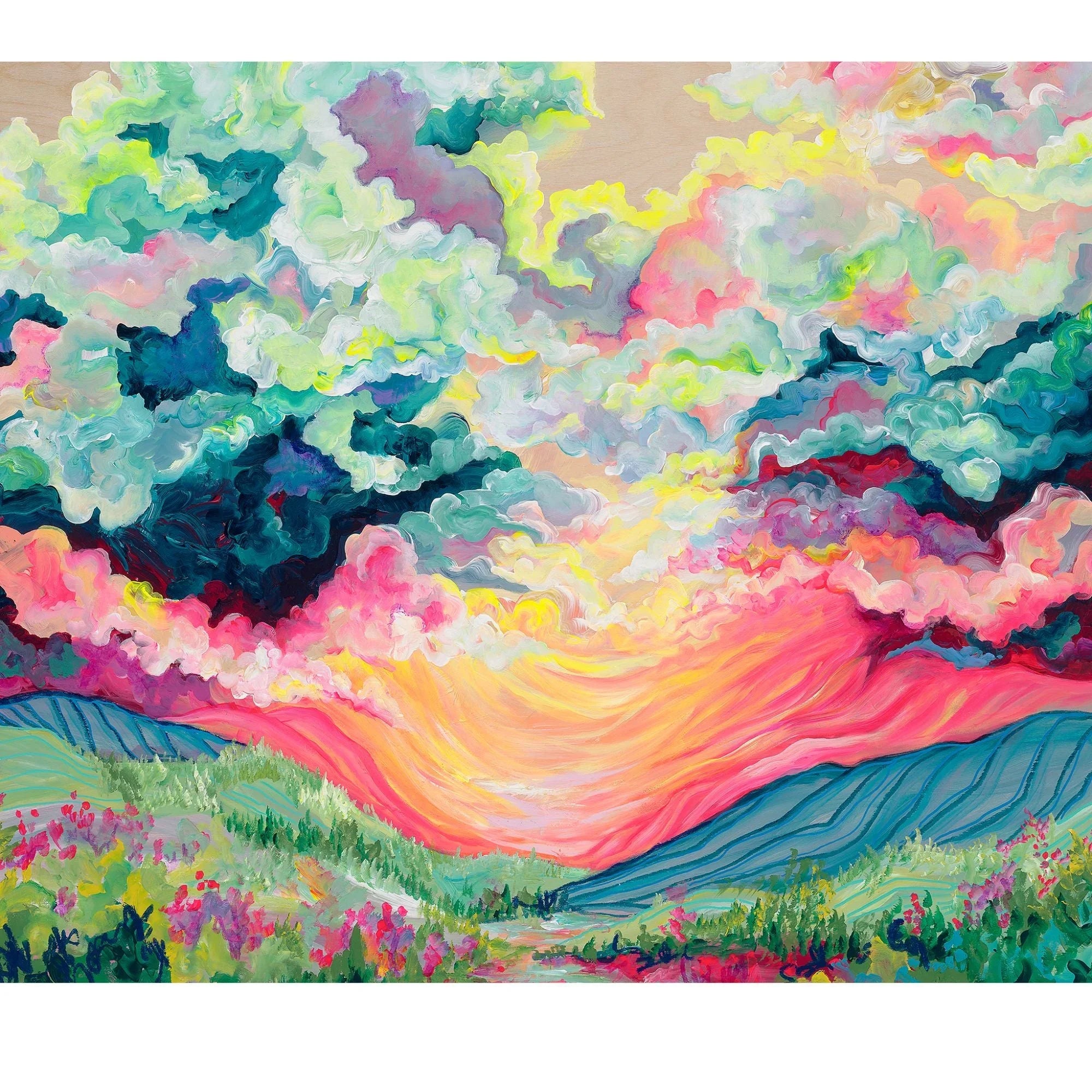 Colorful abstract landscape painting with vibrant swirling clouds, green hills, and flowers