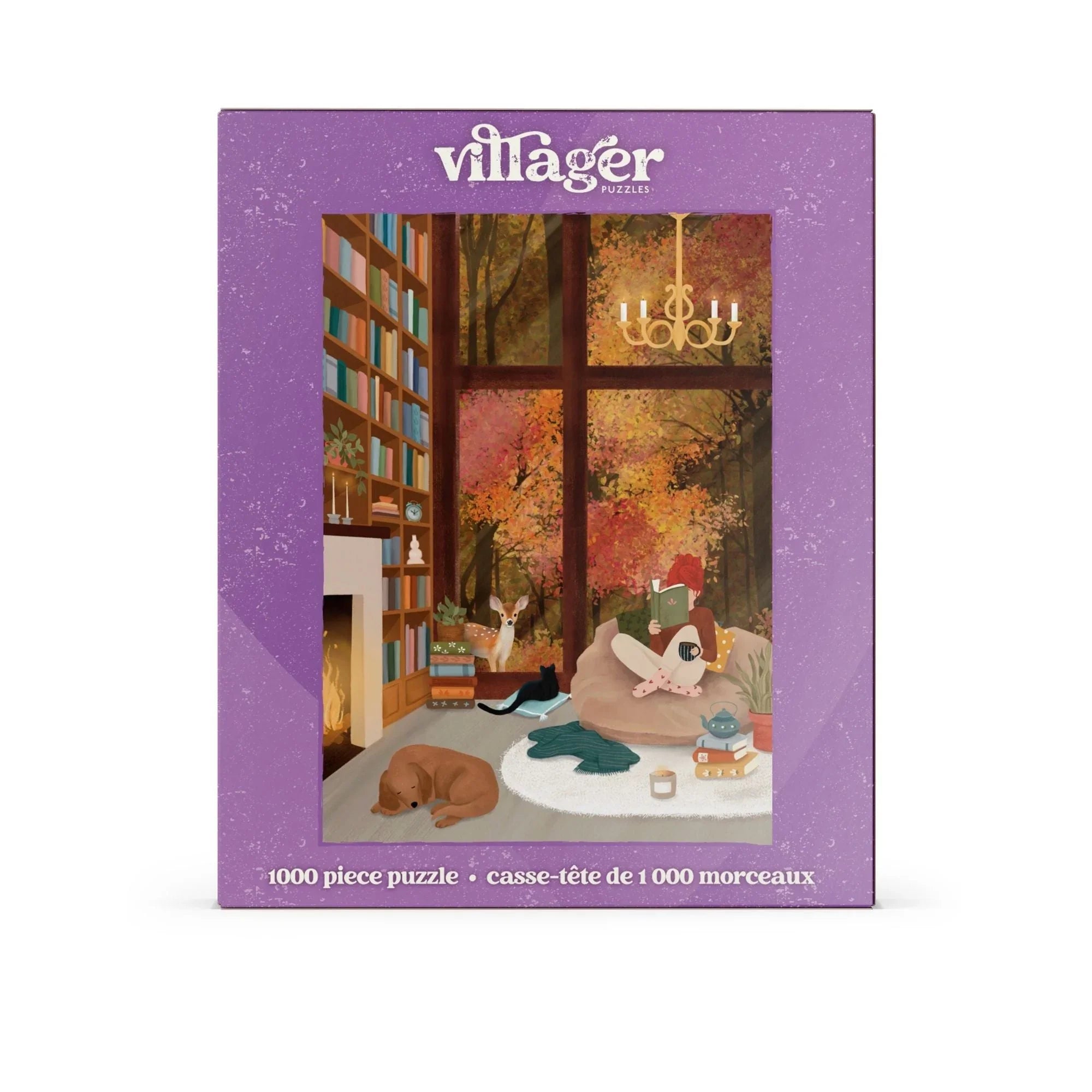 Villager Puzzles 1000 piece cozy reading nook puzzle box with autumn window scene