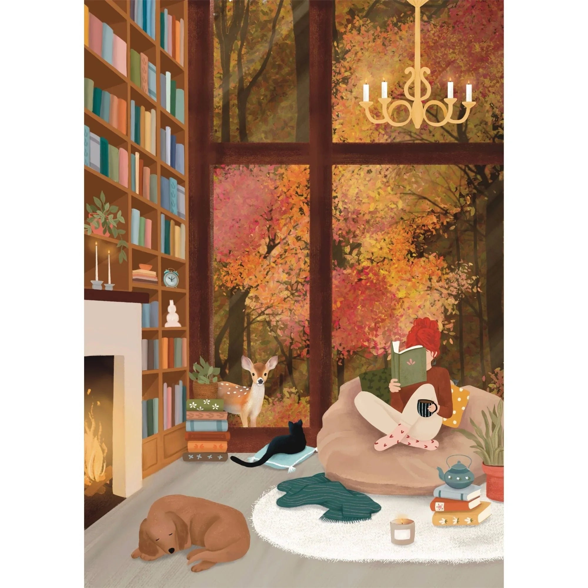 Cozy reading nook with woman, fireplace, books, autumn trees, cat, dog, and deer at window