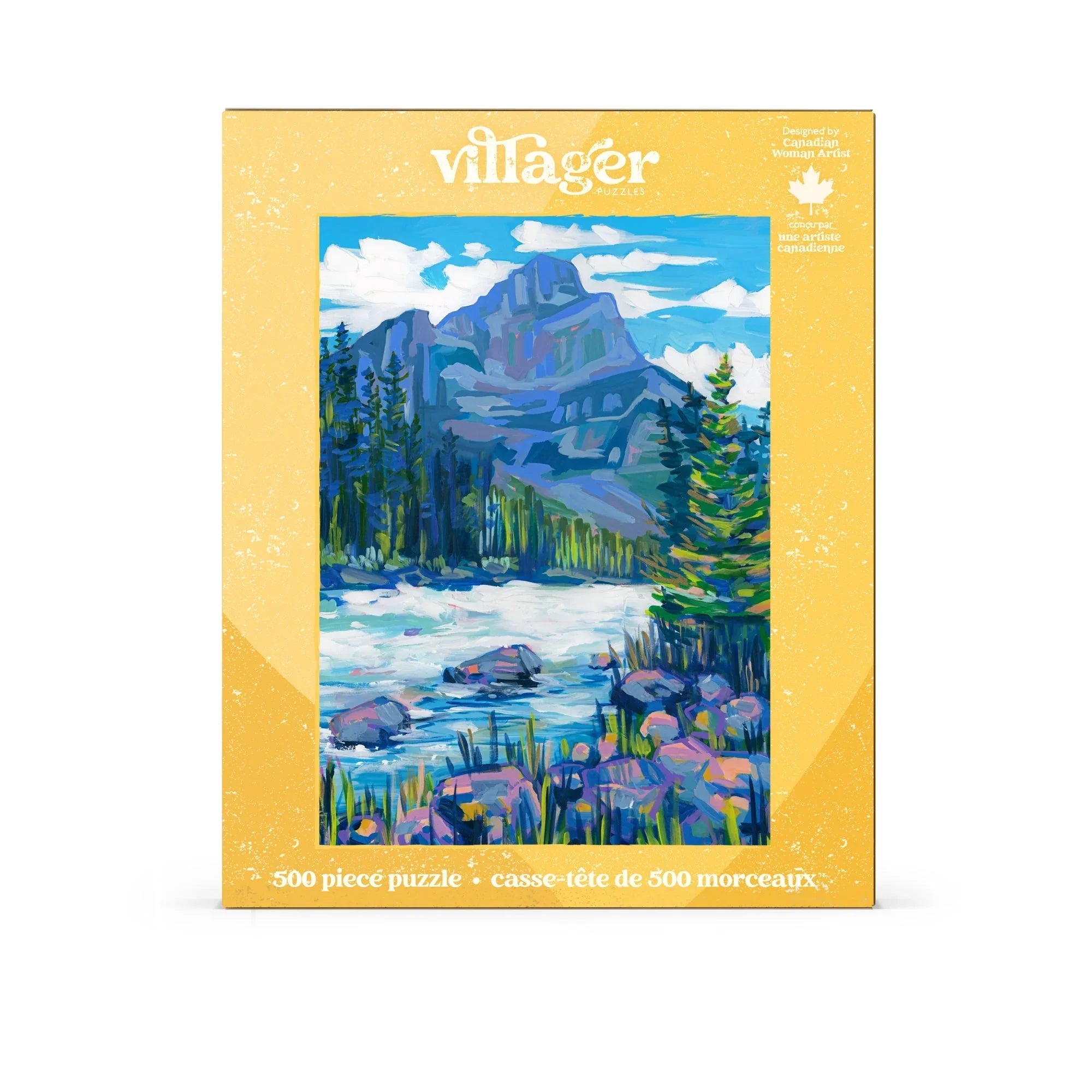 Villager Puzzles 500-piece box with colorful mountain river landscape painting