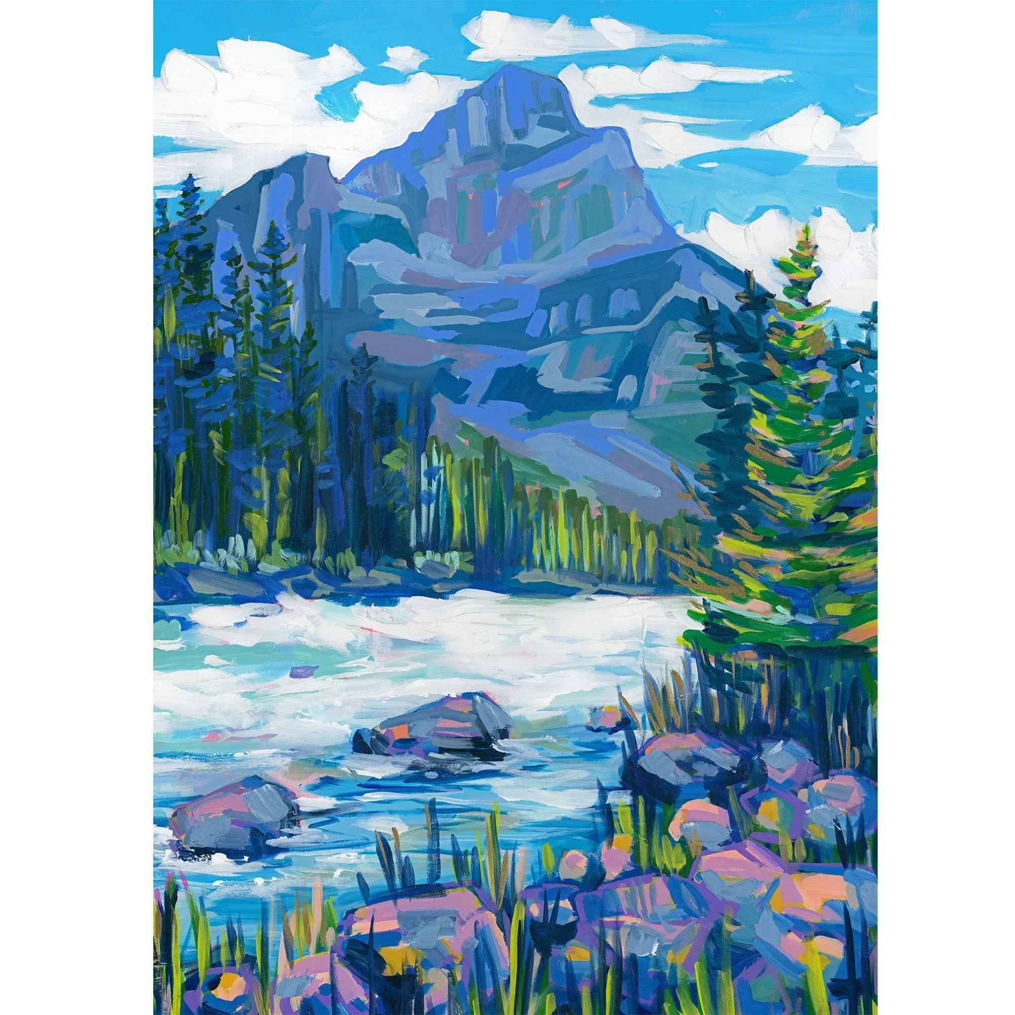 Colorful painting of Kicking Horse mountain, river, rocks, and pine trees in a scenic landscape