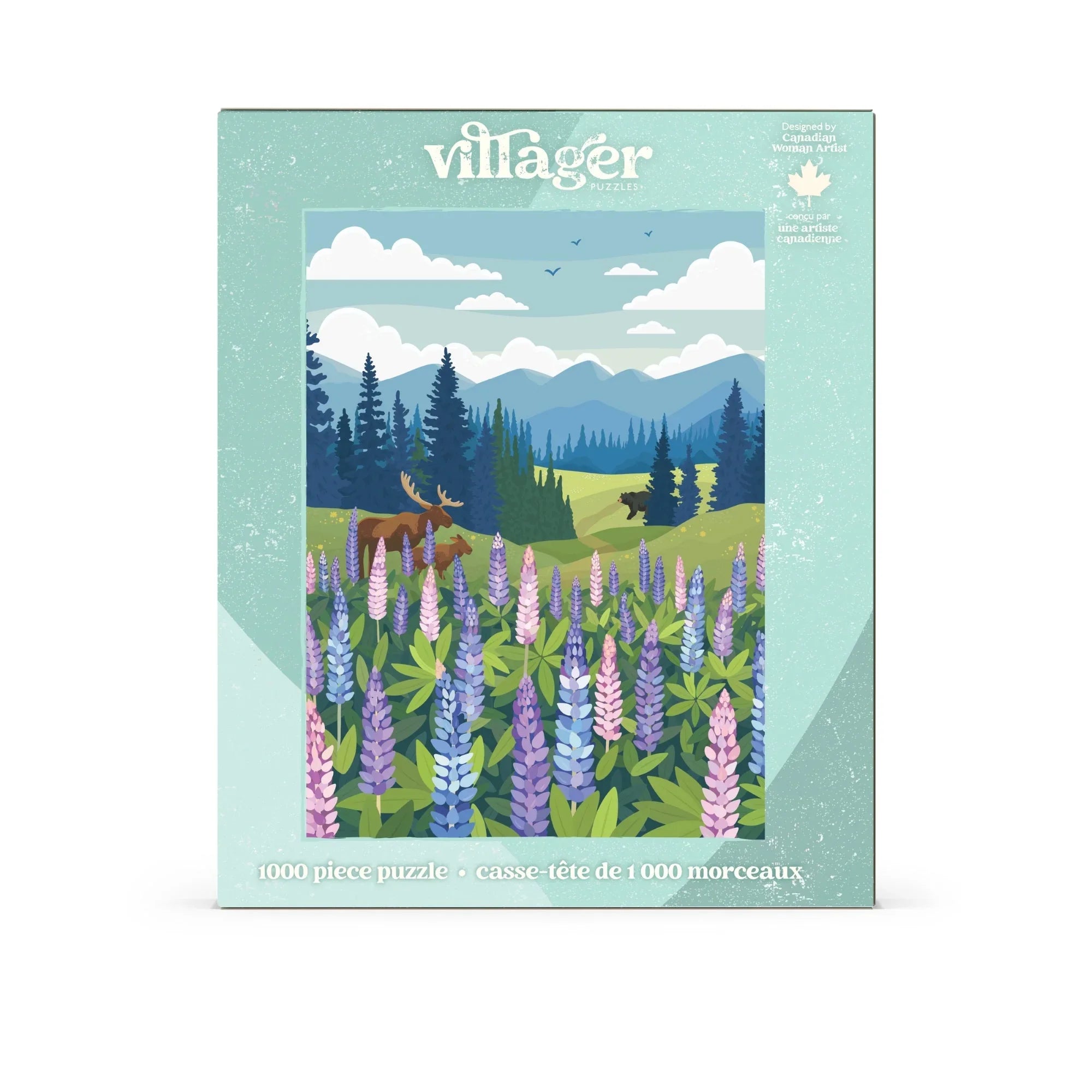 Lupines meadow puzzle box with wildflowers, moose, forest, and mountains illustration