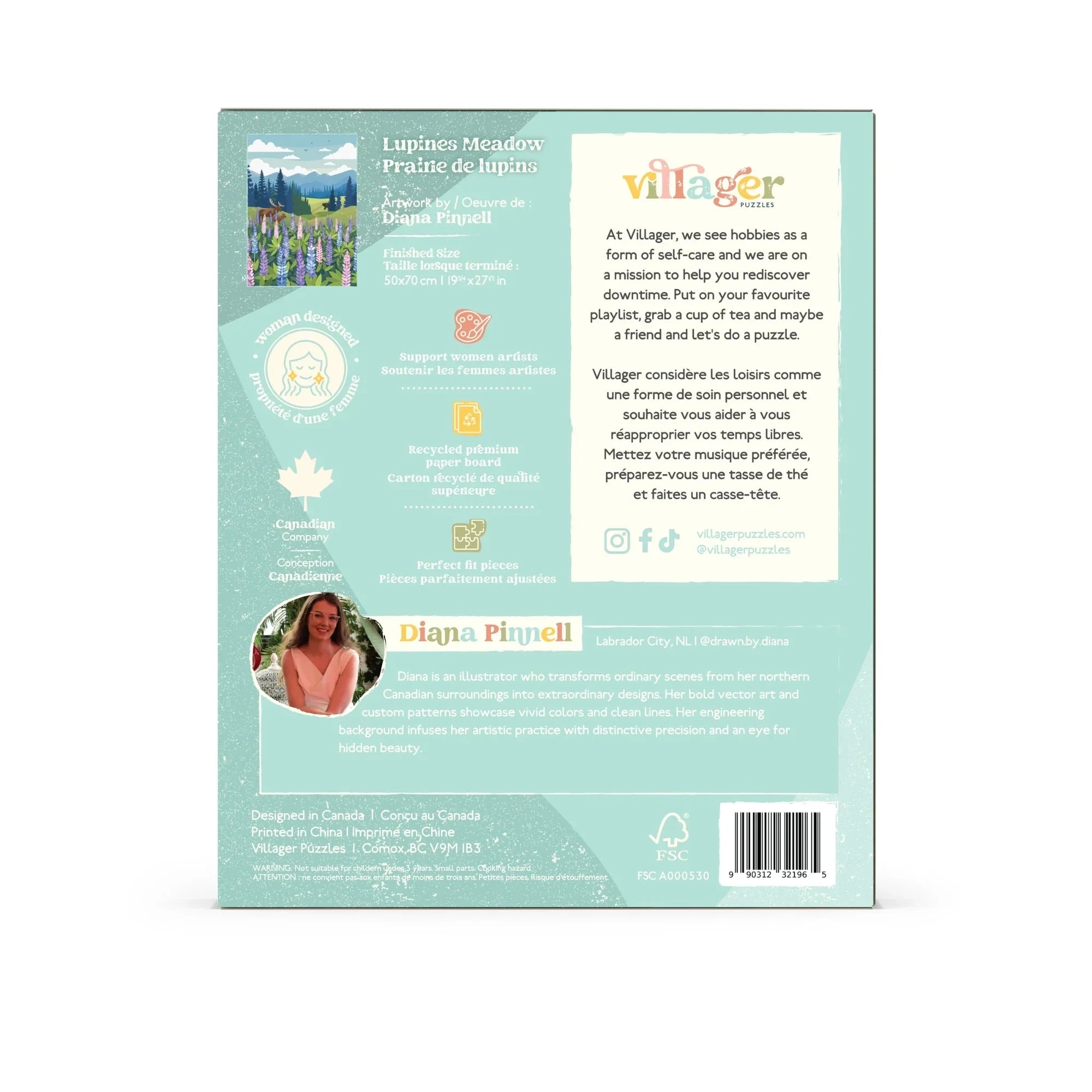 Back of Villager Puzzles box featuring Lupines Meadow design by Diana Pinnell, product info, and branding